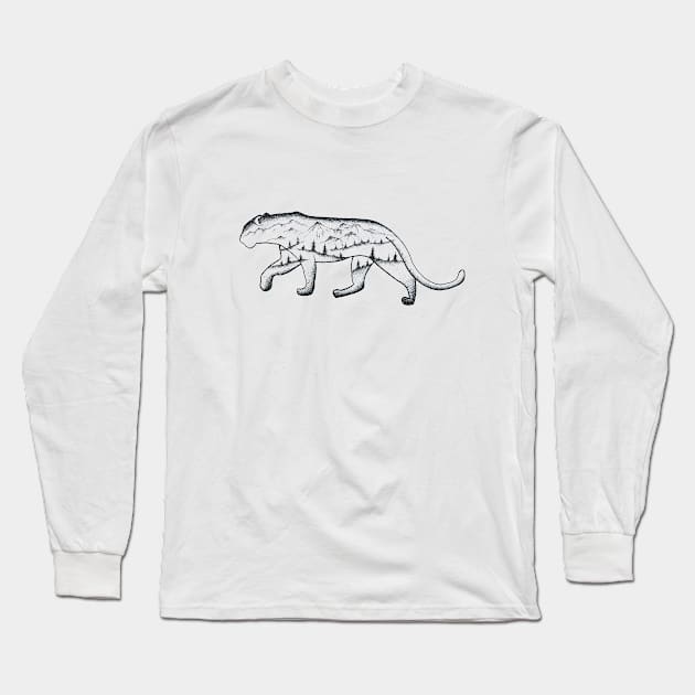 Black and white illustration of leopard with landscape Long Sleeve T-Shirt by Kseniyart